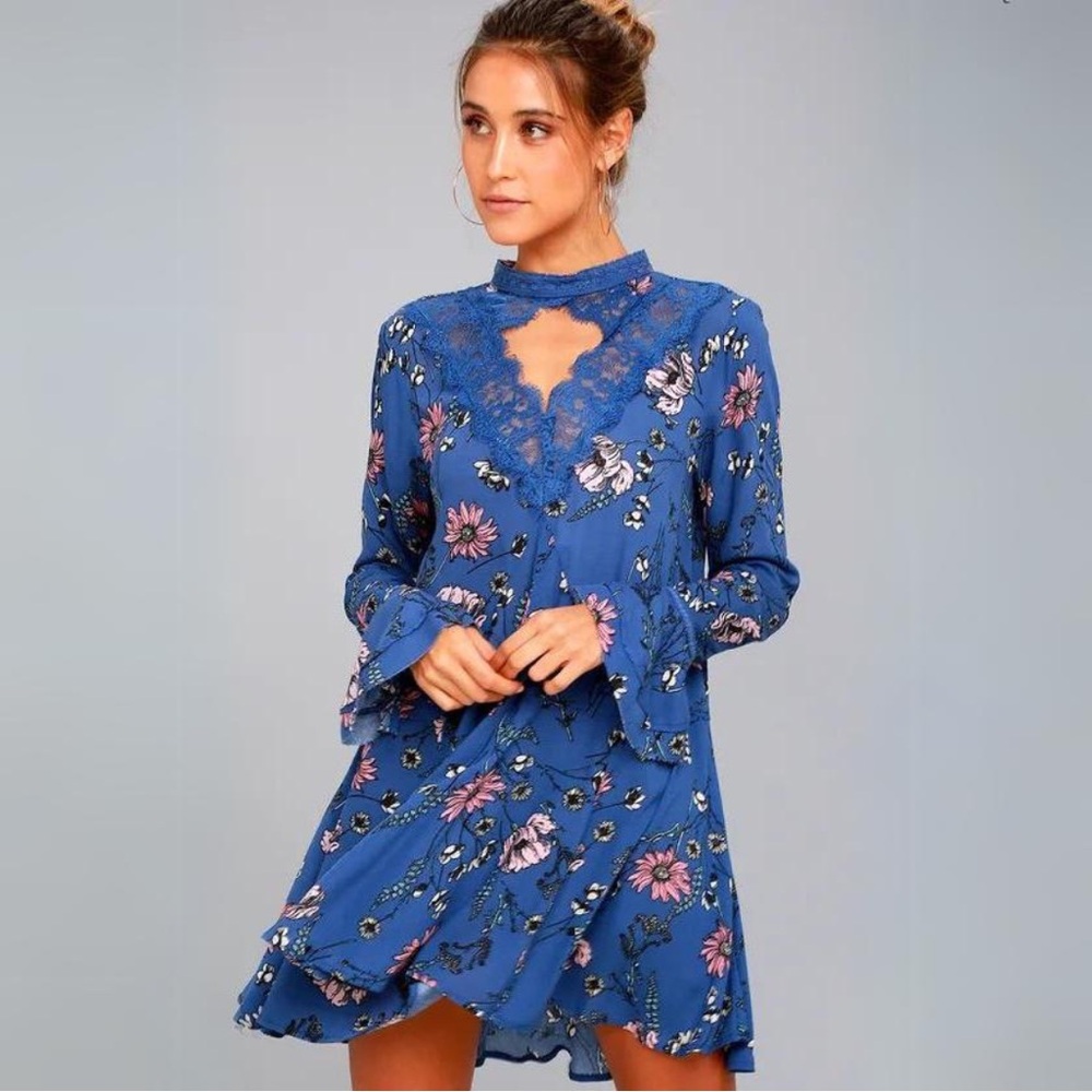 Lulu's New You Royal Blue Floral Print Lace Dress Size Medium (M)